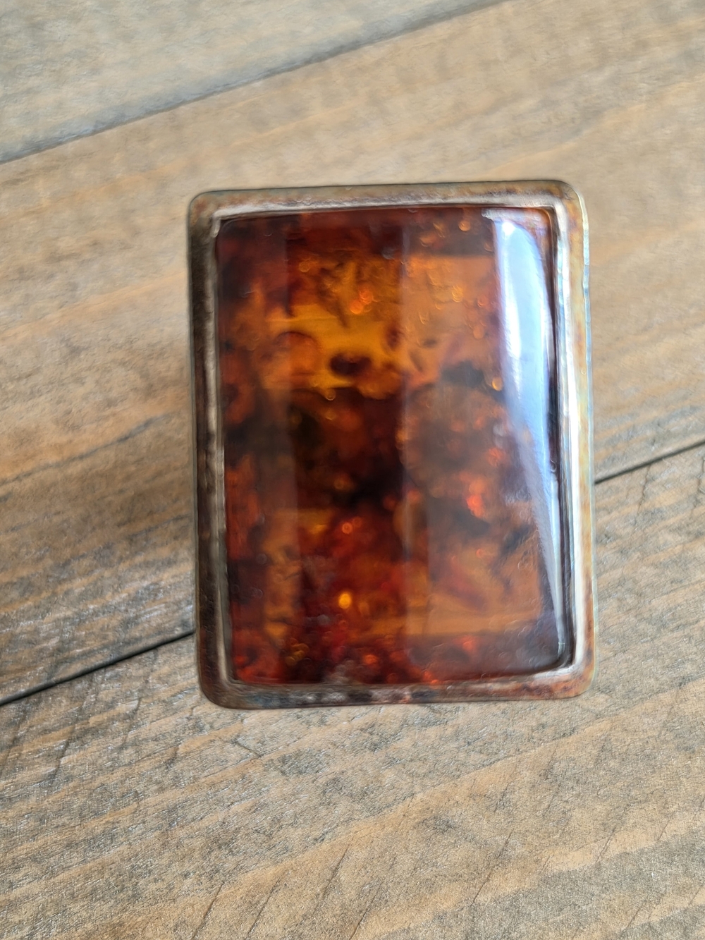 Vintage-Style Rectangular Natural Amber  Ring/925, Size 13 1/2